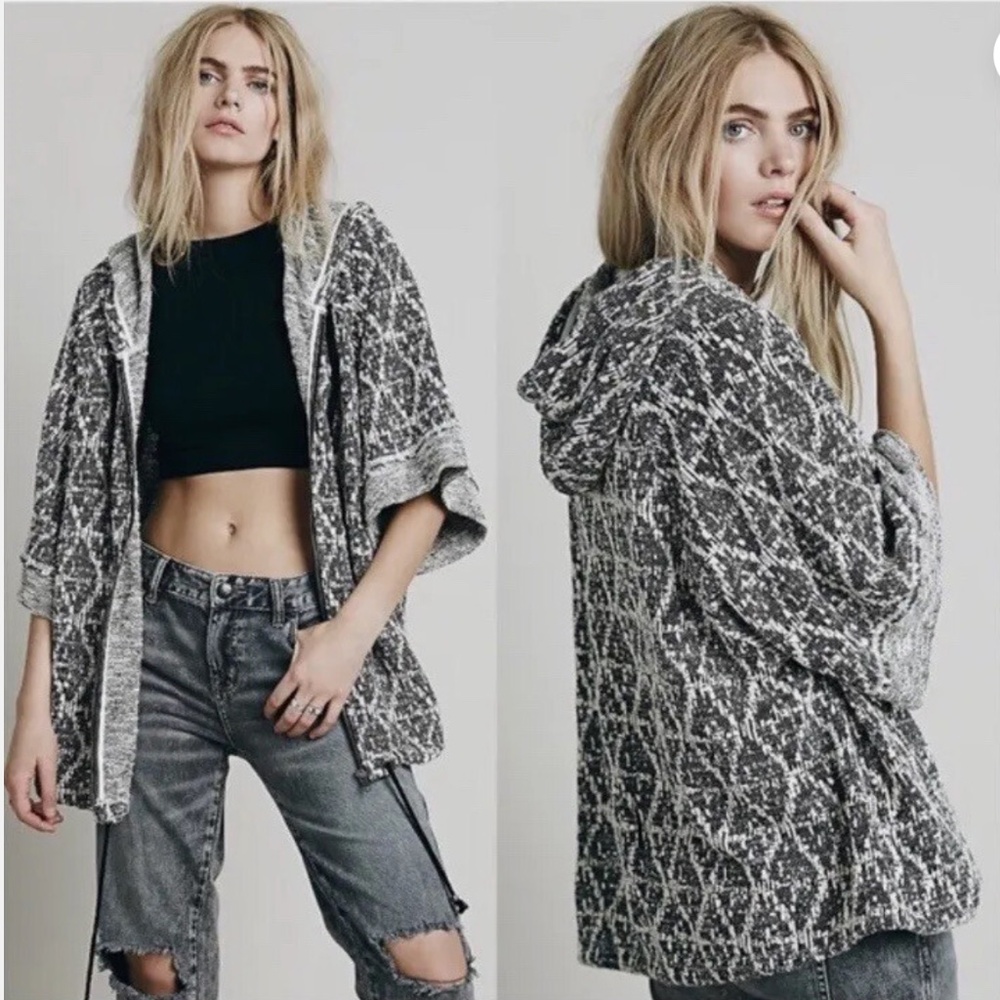 Free People Santa Fe Kimono Hoodie 3/4 Sleeve Full Zip Jacket Oversized Size S/P